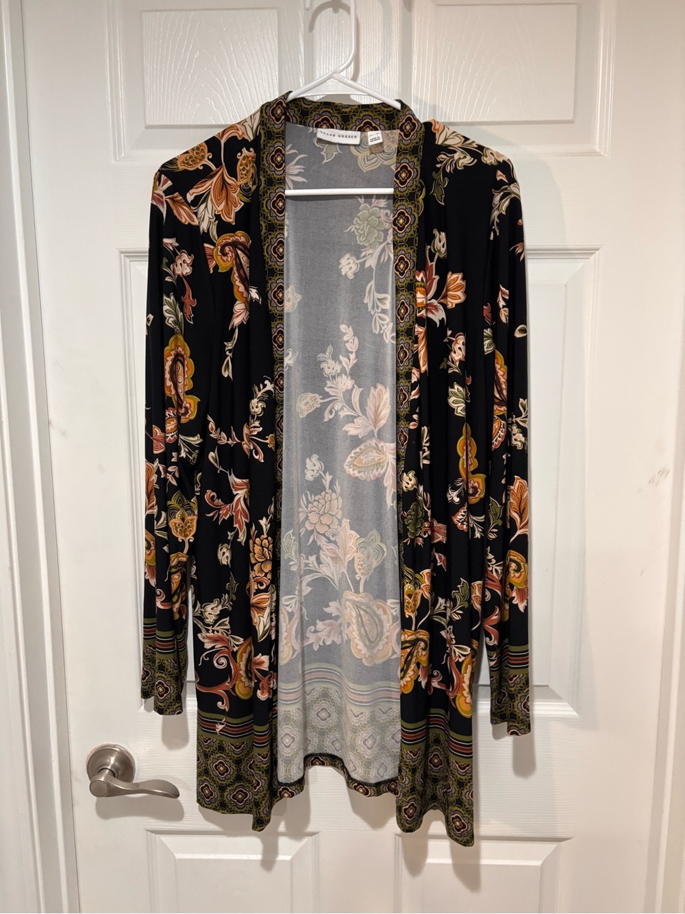 SUSAN GRAVER Liquid Knit Floral Black Open Kimono Style Cardigan - Picture 2 of 8